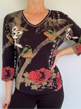 Jess & Jane USA black red Asian bird print 3/4 sleeve cotton tee size medium